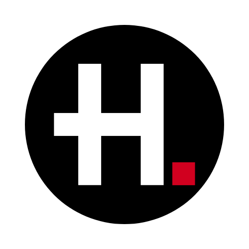 Un H blanc sur fond noir dans un carré blanc inspiré de l'univers japonais avec un point rouge à sa base.